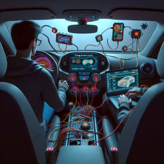 "Security expert testing car infotainment system vulnerability with a laptop, highlighting potential hacking risks and cybersecurity measures."