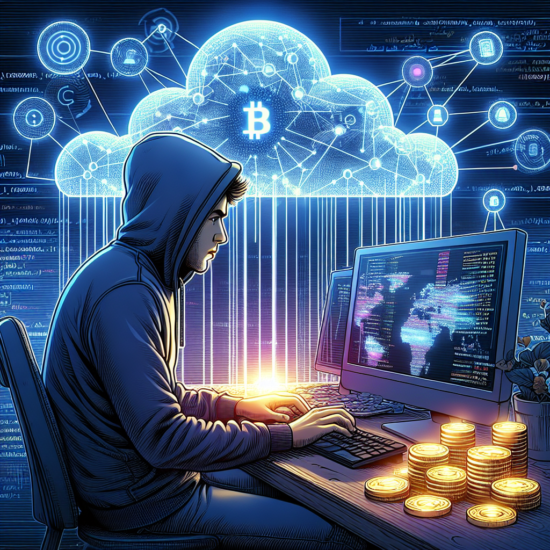 "Illustration of a hacker using cryptojacking techniques to mine cryptocurrencies on a computer, showcasing malware targeting unsuspecting users’ devices."